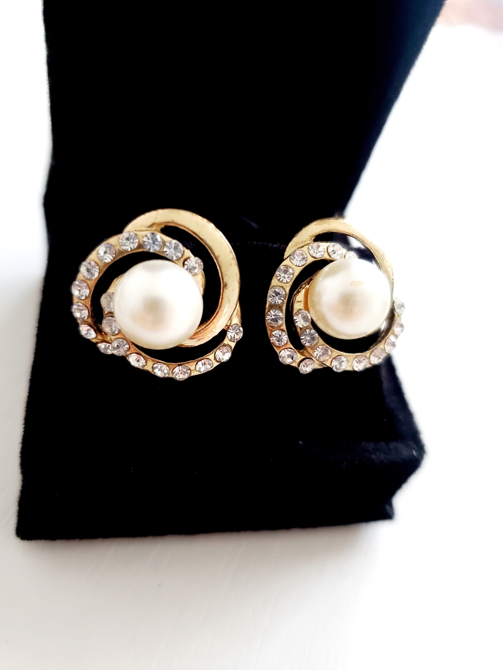 Gold Pearl Spiral Crystal Stud Earrings